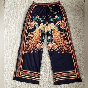 Navy Boho Peacock Print Wide Leg Pants